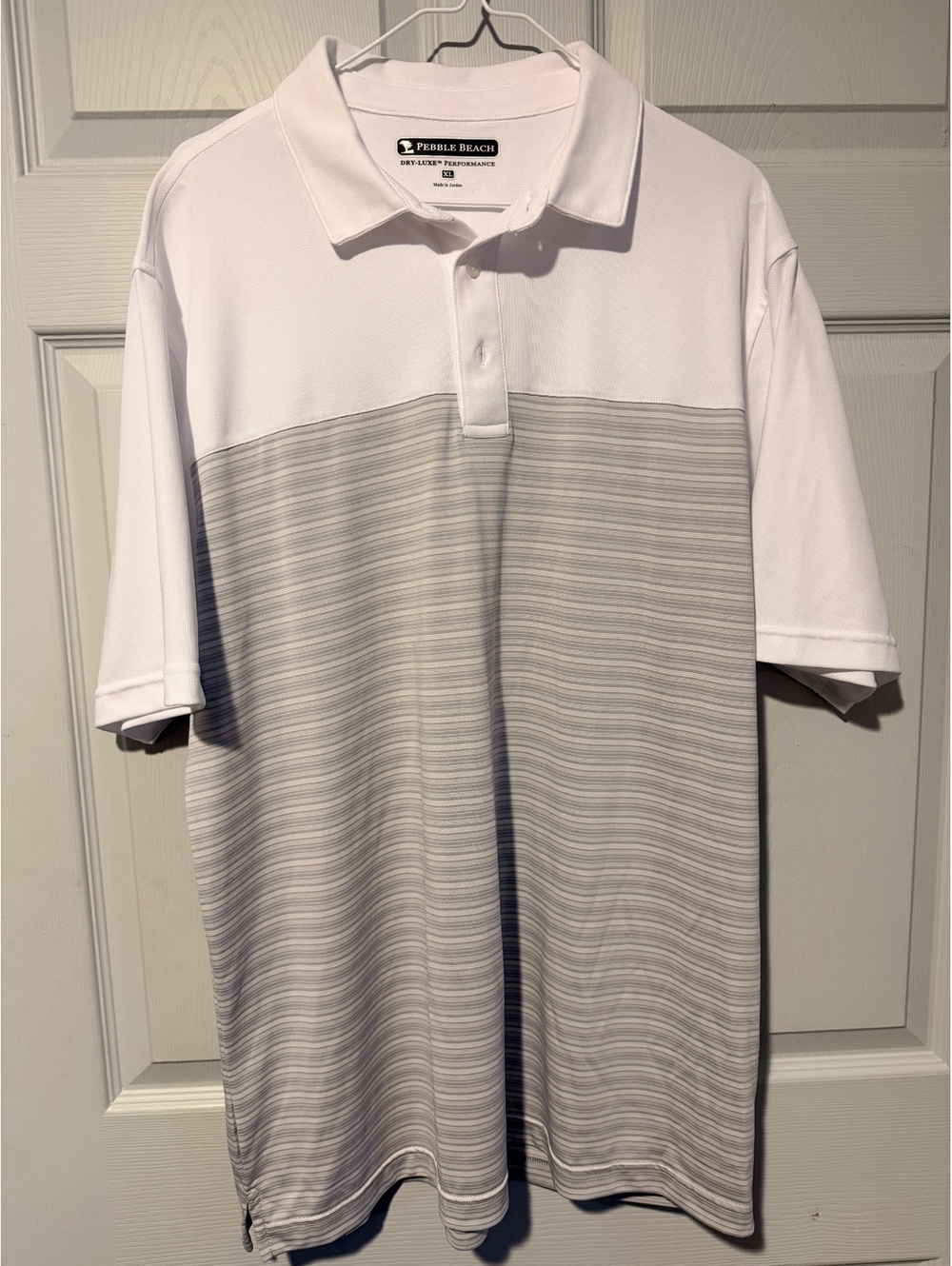 Pebble Beach white and gray striped polo shirt